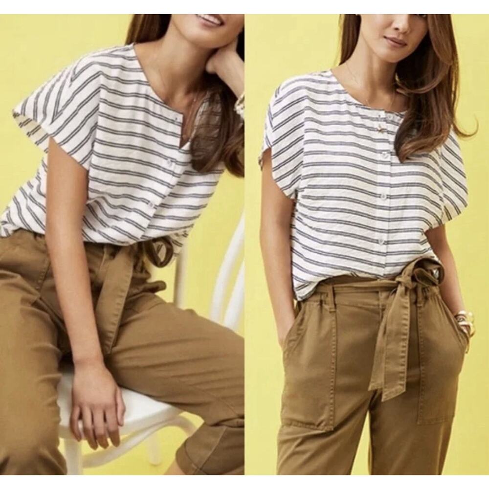 Cabi Sail Away Button Front Top in Piano Stripe Boxy Size Large Style 5788
